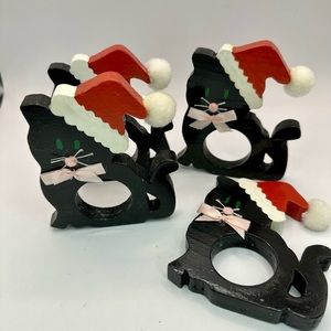 Sold 4 Vintage Black Cat In Santa Hat With Pom Pom Pom Whimsical napkin rings